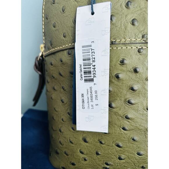 NWT Dooney & Bourke Genuine Ostrich Leather Carter Satchel Olive Brown Dome COA - Picture 7 of 16